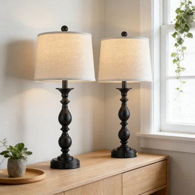 Ensemble de 2 lampes de table modernes avec ports USB C + A et prise de courant, lampes de chevet à contrôle tactile à 3 voies avec ampoules DEL, lampes de chevet de ferme pour chambre à coucher, bureau de salon