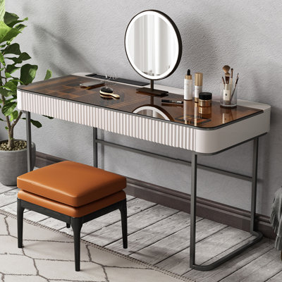 Ensemble de coiffeuse de maquillage de haute qualité, prise de courant, plateau en verre, très facile à assembler, comprend un tabouret de maquillage