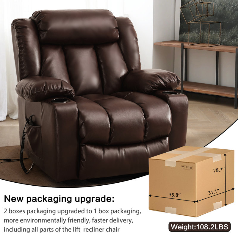 Sandrew Power Lift Recliner Chair with Vibrating Massage and Heating, 2 Side Pockets, and Cup Holders, USB Ports, Right Side Button, Faux Leather