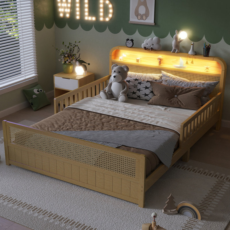 Cadre complet en rotin avec lumières DEL et tête de lit avec rangement, Natural