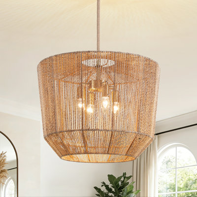 4 - Light 19.7" Dimmable Rattan Caged Chandelier