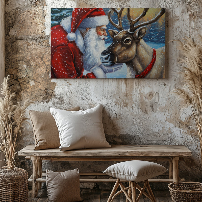 Toile, "Joyful Scene Captures A Close Interaction Entre Santa Claus", art mural et un ensemble de rennes, H 9 po x l 12 po