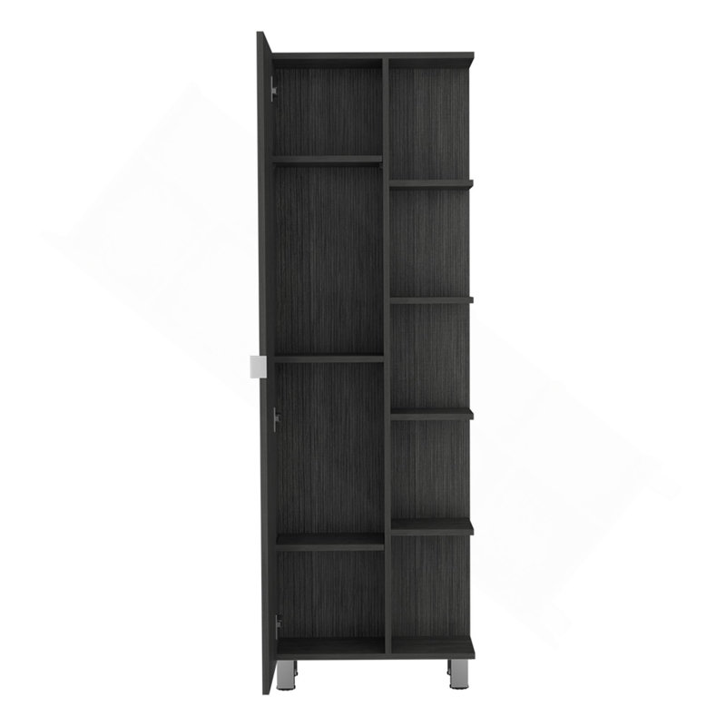 Armoire à linge en miroir, quatre tablettes intérieures, cinq tablettes extérieures, Gris