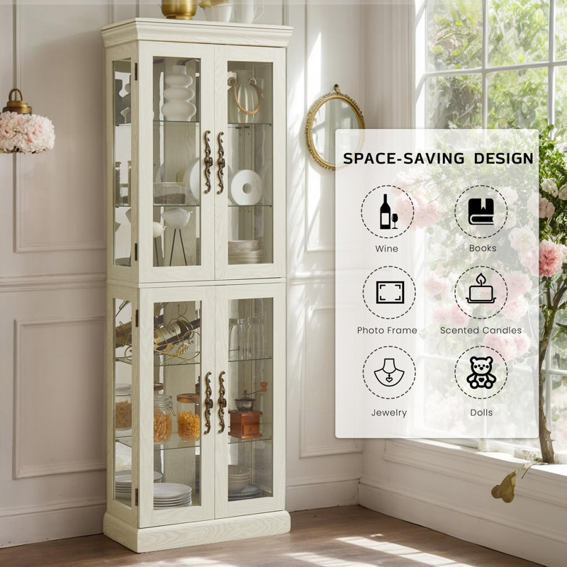 Lighted Curio Cabinet 71" Vintage Glass Display Case with Adjustable Shelves, 4 Tempered Glass Doors, Bulb Included, Wooden Square Wine Bar China Cabinet for Living Room Liquor Storage