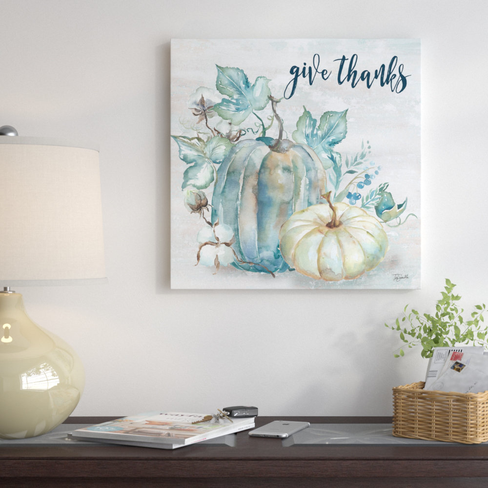 " Blue Harvest Watercolor Pumpkin, Give Thanks " by Tre Sorelle Studios Winston Porter 