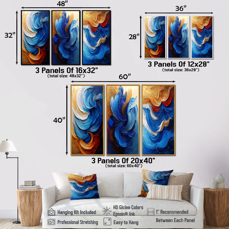 Modern Abstracy Waves Golden Harmony I - Collection d'art mural Waves, H 32 po x l 48 po, Impression encadrée flottante