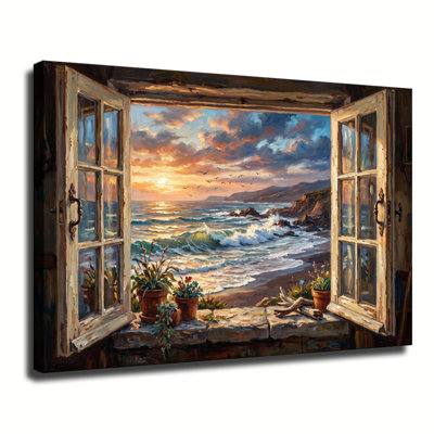 Open Vintage Window Sunset Ocean View Oil Painting Gallery Wrapped Canvas Wall Art