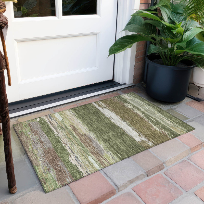 Machine Washable Indoor/Outdoor Christain ACN1284 Olive Rug, Rectangle 1'8" x 2'6"