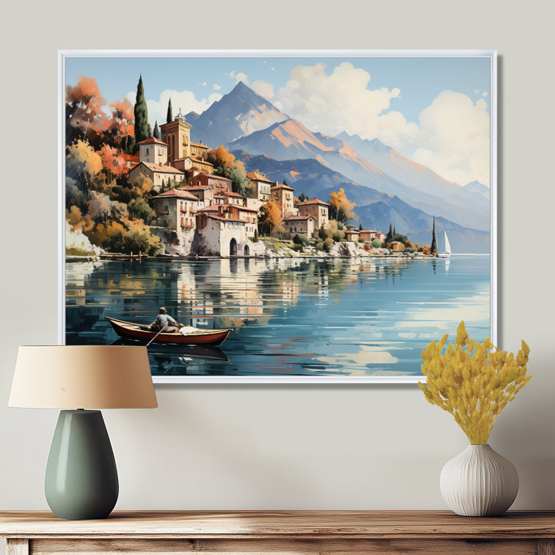 Italie, art mural sur toile, impression de voyage sur le lac de Côme - Italie sur le lac de Côme, Cadre flottant blanc