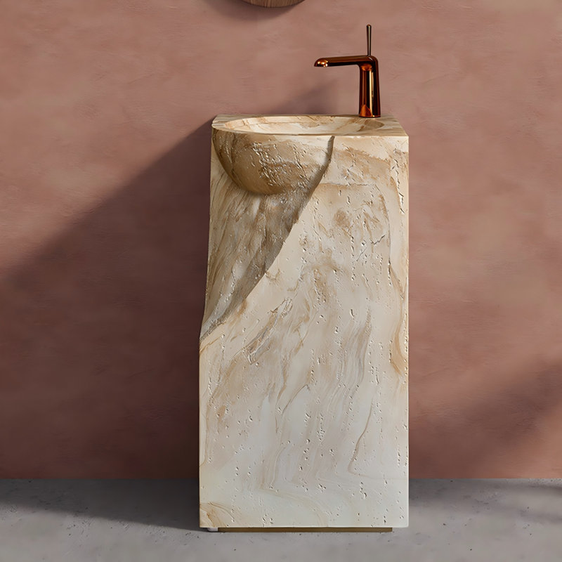 Lavabo sur pied autoportant aspect travertin beige de style milieu du siècle
