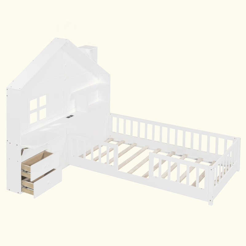Lit maison avec fenêtre et tiroirs de chevet, lit plateforme avec tablettes et ensemble de prises et port USB