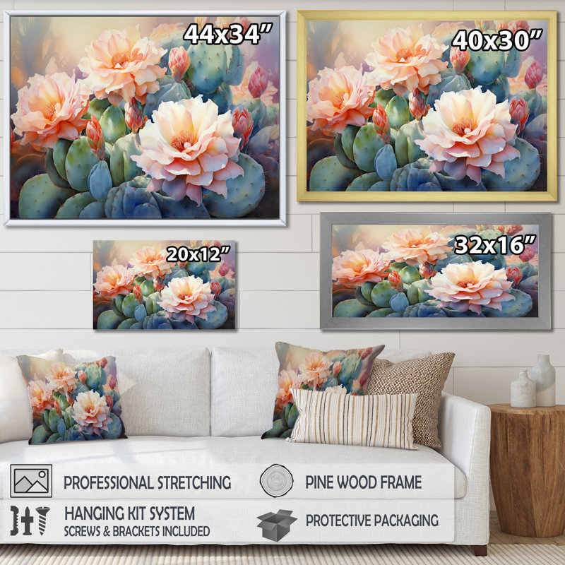 «Peach Green Cactus Romantic Impression», reproduction sur toile, Cadre doré à une seule photo, H 16 po x l 32 po x P 1 po