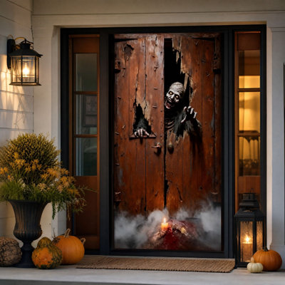 Décoration d'Halloween : Porte d'entrée effrayante, décor horrifique à suspendre pour porche ou maison.