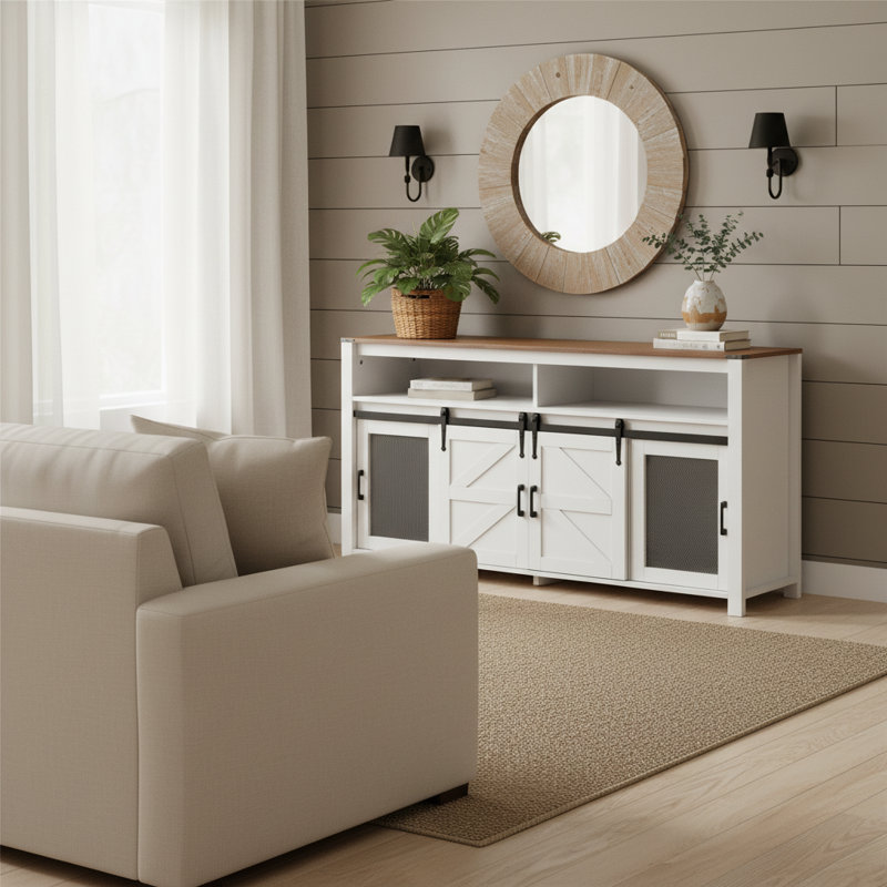 U-STYLE 59.3'' Farmhouse Sideboard Buffet With Sliding Barn Door & Mesh Panels, Open Storage For Living Room, Hallway, Balcony, Kitchen & Office