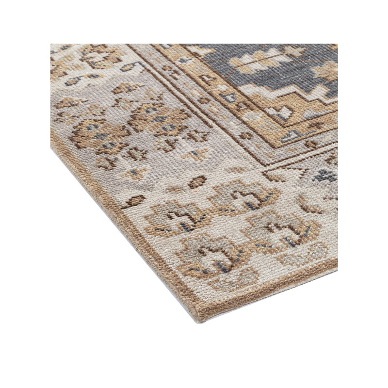 Tapis oriental en laine noué à la main brun clair / gris / bleu clair Levi, Tapis de couloir 2 pi 6 po x 9 pi
