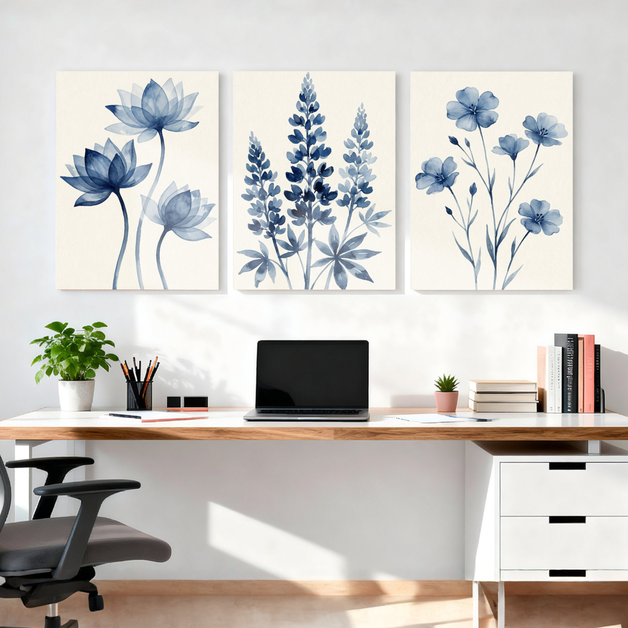 Red Barrel Studio® Blue Floral Watercolor Canvas Wrapped Wall Art Oil ...