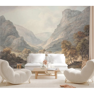 Vintage Mountain Valley Wall Mural with Stone Bridge and Village Landscape for Home Decor