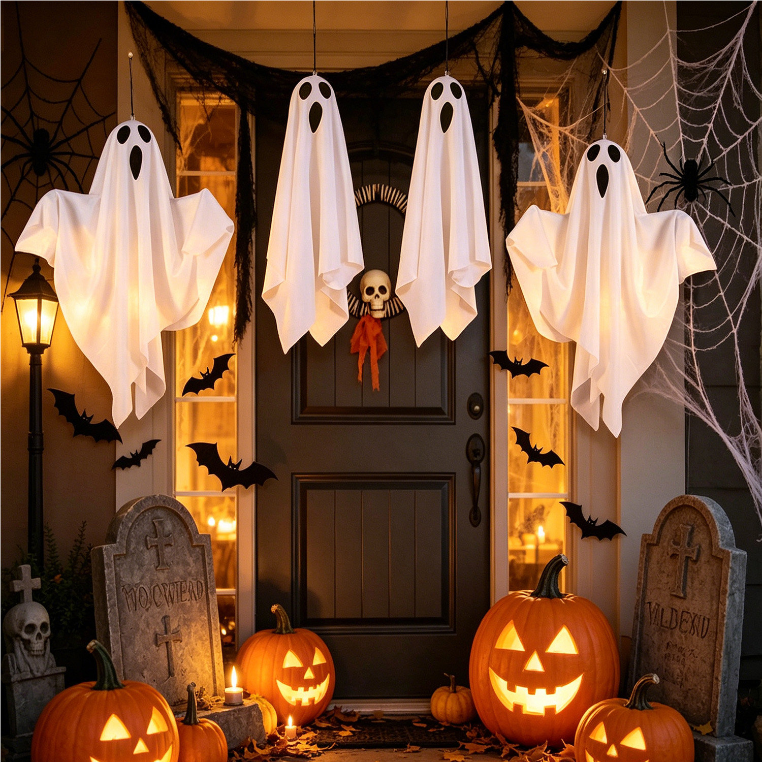 4 Pack Halloween Hanging Ghost Decorations, Battery Operated -AA Battery Not Included, Warm Light Glowing Flying Ghosts, Cute Hanging Ghost Ornaments for Indoor Outdoor Porch Yard Tree Halloween Party Holiday Decor