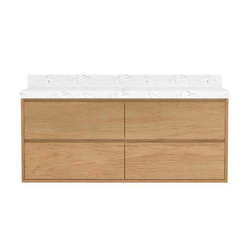 Meuble-lavabo flottant mural 48 po avec comptoir en pierre d'ingénierie blanche Calacatta et lavabo en céramique, 48"
