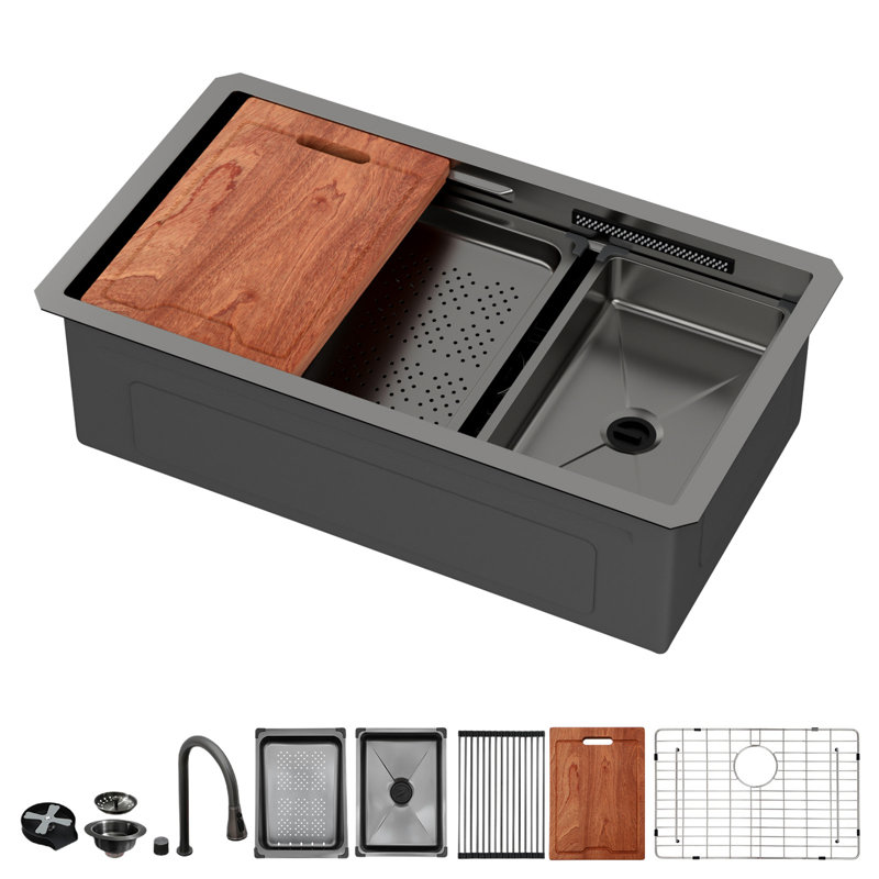 33" Undermount Waterfall Gunmetal Black Kitchen Sink - 33 X 16.72 X 10 Inch Single Bowl 16 Gauge Stainless Steel Ledge Workstation Kitchen Sinks With Pull-Down Faucet & Cup Washer