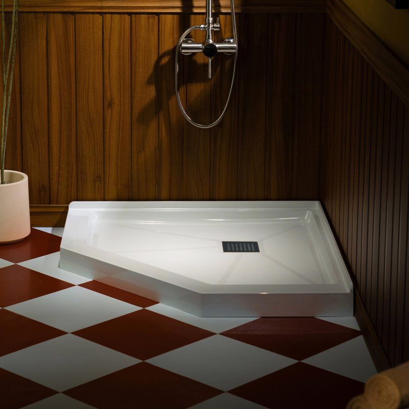 WOODBRIDGE 34 In. X 34 In. Solid Surface Neo-Angle Shower Base Pan In White With Drain Cover, Oil Rubbed Bronze