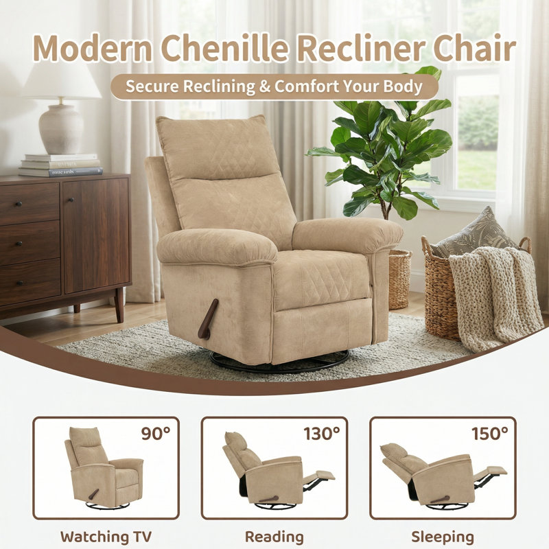 35.43' Wide Chenille Recliner,Manual Swivel Rocker Recliner For Adults,Small Recliners For Small Spaces-Brown