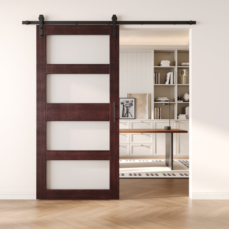 Porte de grange non assemblée et fini en verre 4 pièces de 42 po x 84 po Homacer Red Homacer avec ensemble de quincaillerie, usage intérieur seulement
