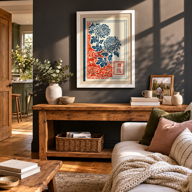 Chrysanthemum and Indigo Japandi 1 Piece Single Picture Frame Wall Art, A4 - 29.7 x 21.0 cm, White