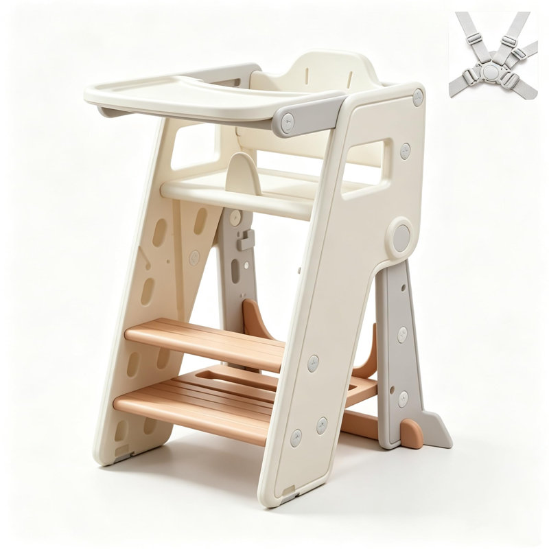 Kids Growth Chair with Removable Tray, Adjustable HDPE Toddler Dining Chair, Multifunctional Foldable Kids Seat for Dining, Green and Brown Colour‑Blocking, 43×55×74cm