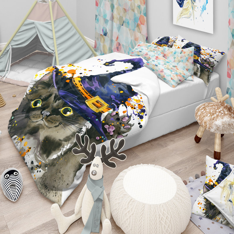 Halloween Cat and Witch Hat Full/Queen Microfiber Duvet Cover Set