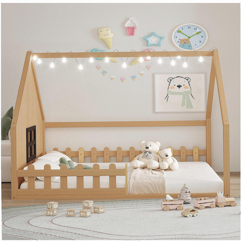 Lit double en bois avec fenêtre et rampes, Naturel