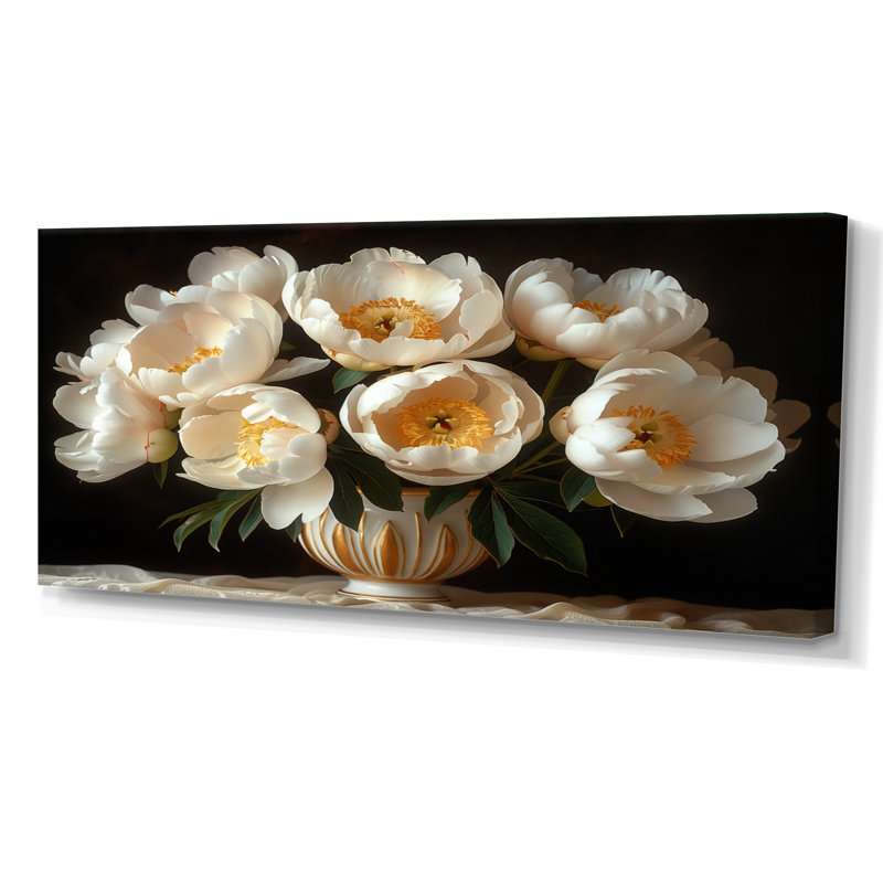 Transparent, pivoines blanches et dorées II - art mural pivoines, Toile tendue, H 24 po x l 32 po