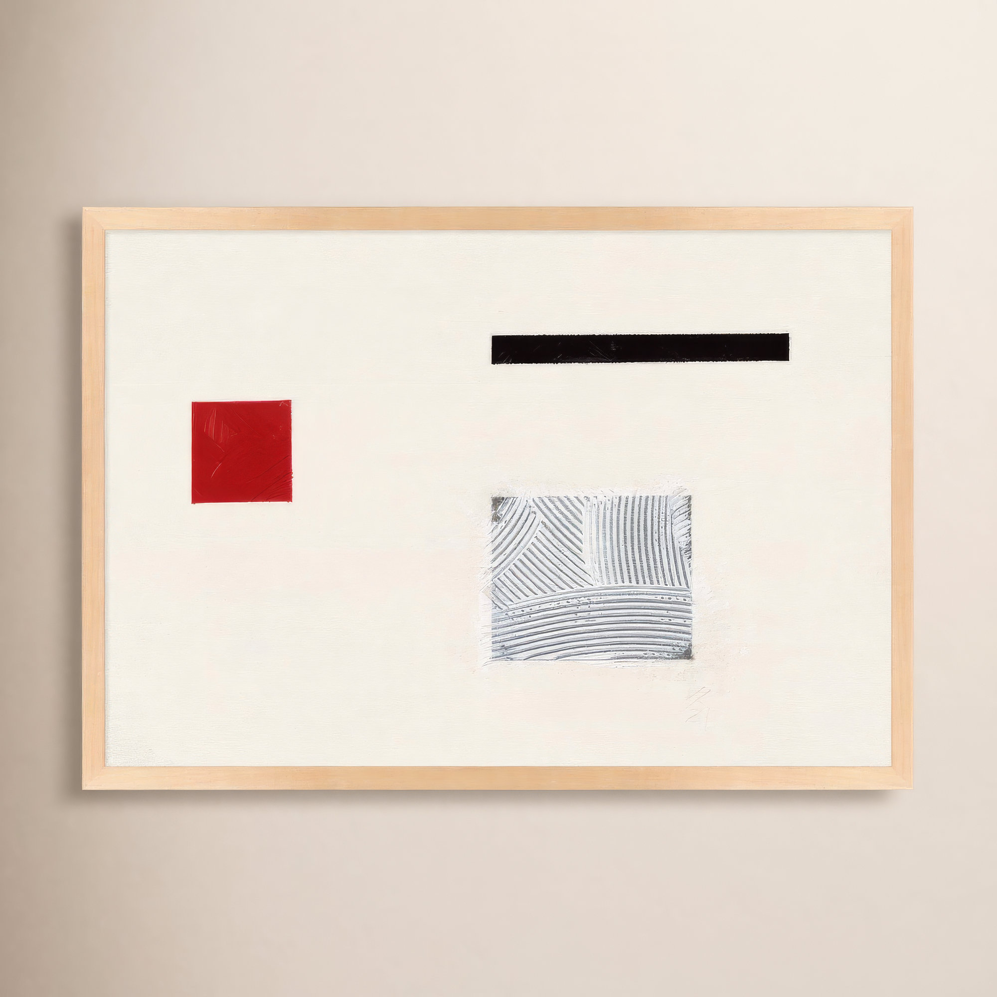 Tempo With Red 1 by Robert Kamnatnik, 21" H x 30" W x 1.25" D, Maple Framed Paper