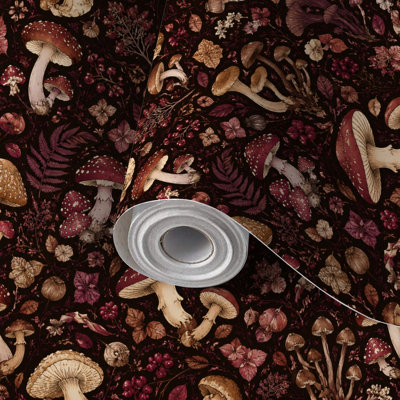 Peel and Stick PVC Wallpaper, Removable Self-Adhesive Wall Covering With Seamless Vintage Botanical Mushrooms Dark Foliage Earthy Tones Print, Waterproof for Home Decor - Roll