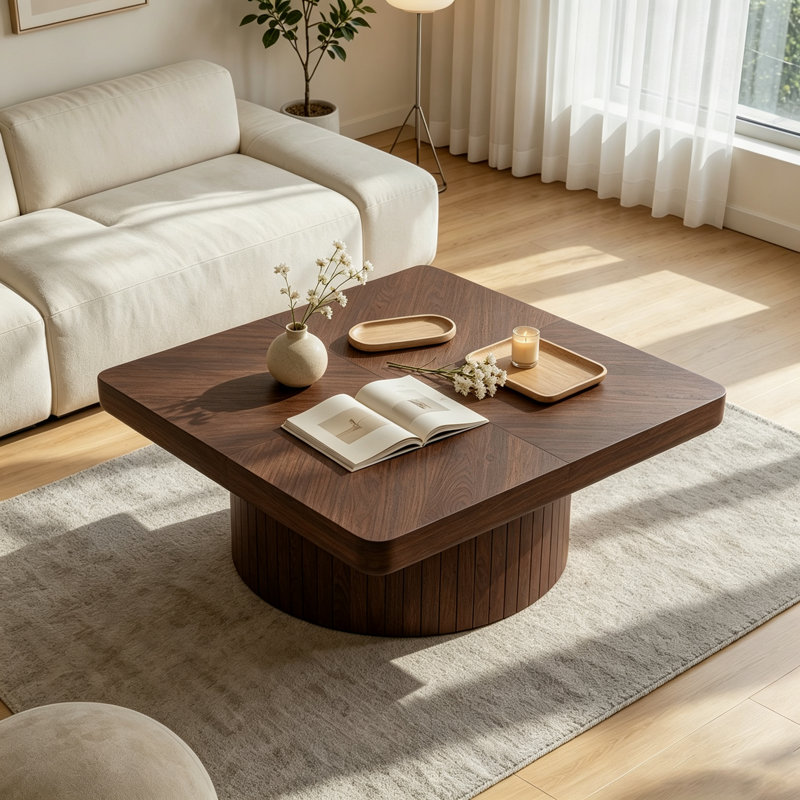 Table basse 34,6 po carrée avec plateau en placage de bois, motif de parquet, base cylindrique et plateau de table d'une épaisseur de 3,15 po