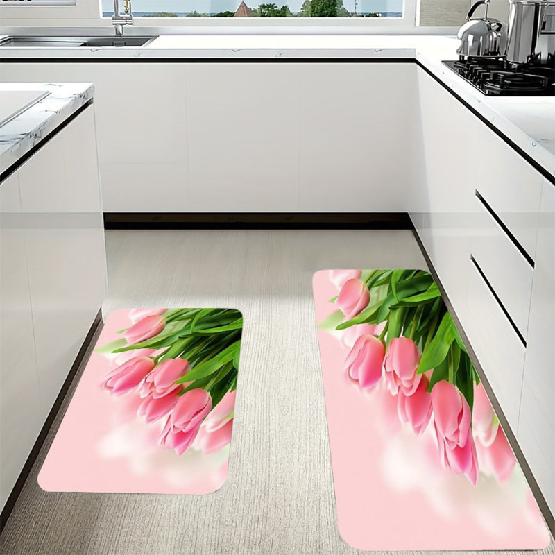 Bouquet de tulipes roses, ensemble de 2 tapis de cuisine