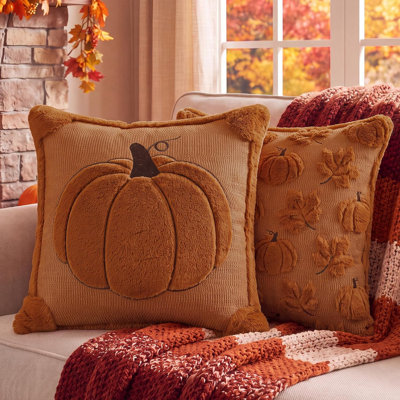 Housses de coussin d'automne 45x45 cm, ensemble de 2, réversibles, motif citrouille rouille et érable, en peluche avec broderie 3D citrouille. Idéales pour le canapé, la véranda et la chambre – une touche bohème et champêtre automnale ; un cadeau parfait pour Thanksgiving.