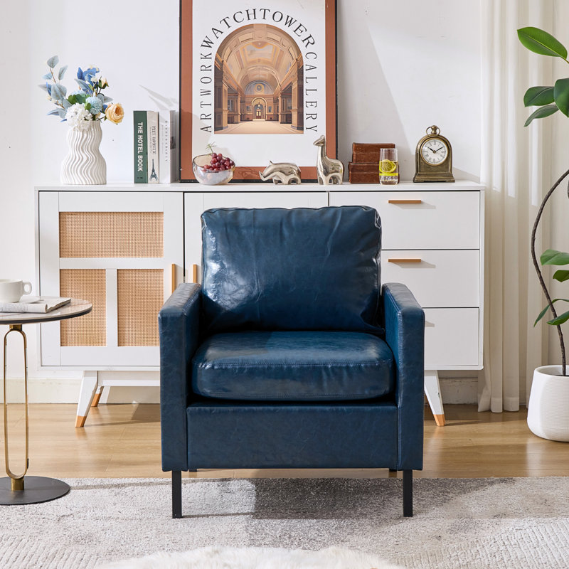 Faux Leather Accent Chair With Metal Legs & Side Pocket, Blue