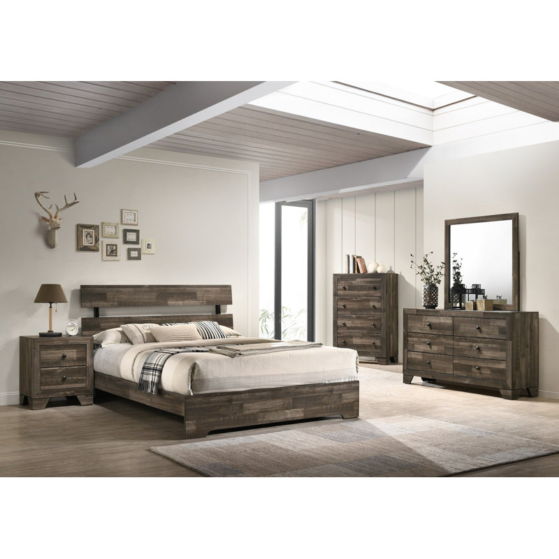Ensemble de chambre avec lit plateforme 6 pièces Faun Brown: lit, commode, miroir, 2 tables de chevet, commode