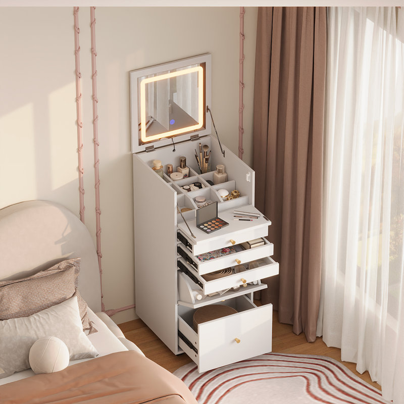 Compact Mobile Dressing Table with Flip-top LED Mirror & 2 Drawers - White Vanity Desk