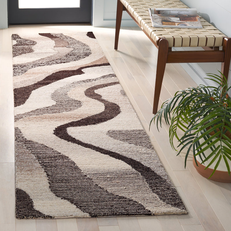 Natajah Ebony Hand Tufted Wool Cotton Abstract Rug in Grey/Ivory, Runner 2'3" x 9'