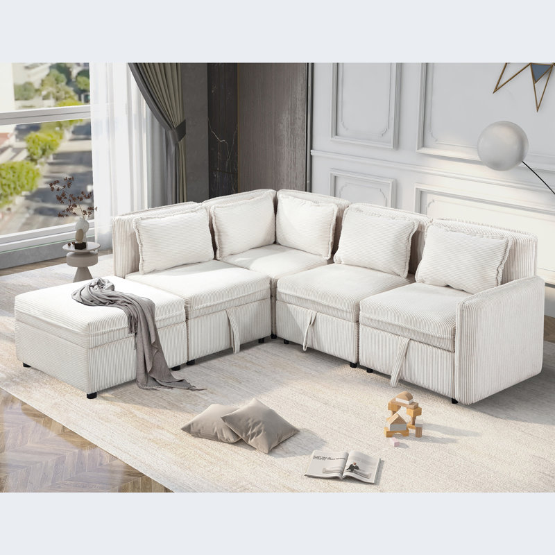 Canapé modulaire rembourré 5 pièces Farrahn, Tissu velours côtelé gris