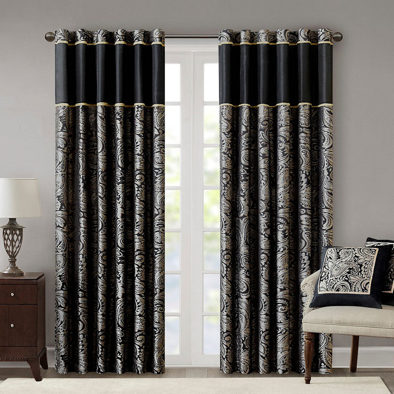 Jacquard Curtain Panel Pair(2 Pcs Window Panels), 50.05" W x 84.05" L, Black