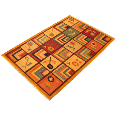 Tapis de la surface en laine beige/rouge foncé 6 pi 2 po x 9 pi 1 po one-of-kind noué la main