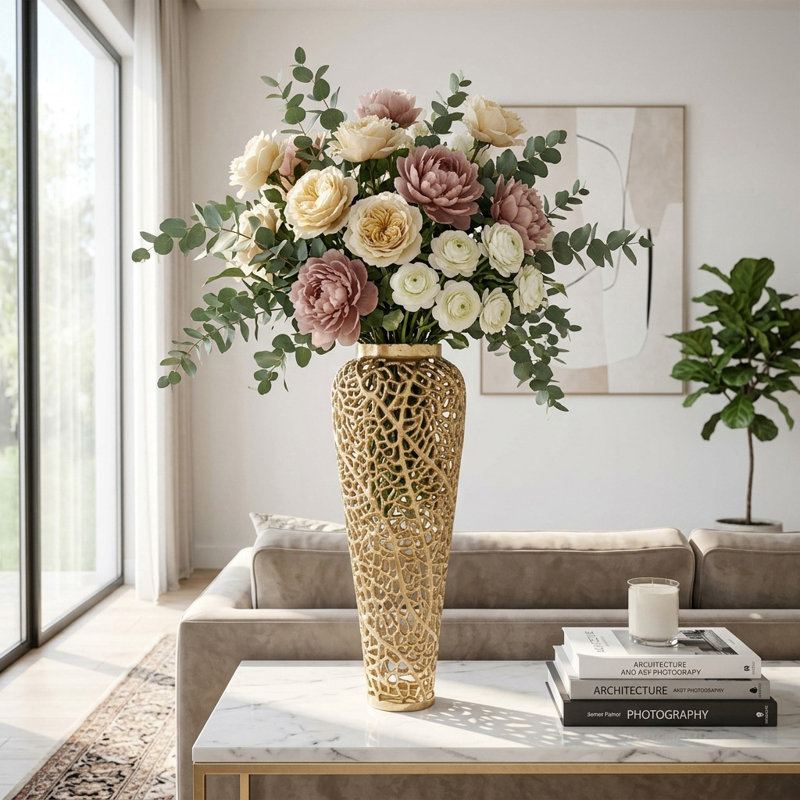 Laynette Handcrafted Aluminum Vase with Cutout Design, 26" H x 9" W x 9" D