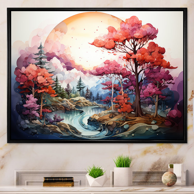 Corail, encre liquide, arc-en-ciel, forêt, paysage, Cadre flottant noir, 24" H x 32" W