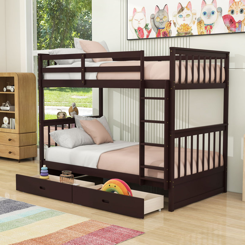 Lit superposé simple au-dessus d'un lit simple en bois avec tiroirs de rangement et conception convertible, Espresso