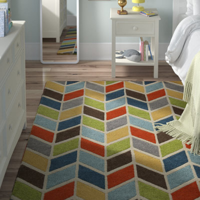 Tapis bleu / vert / jaune en laine touffeté à la main Javeed