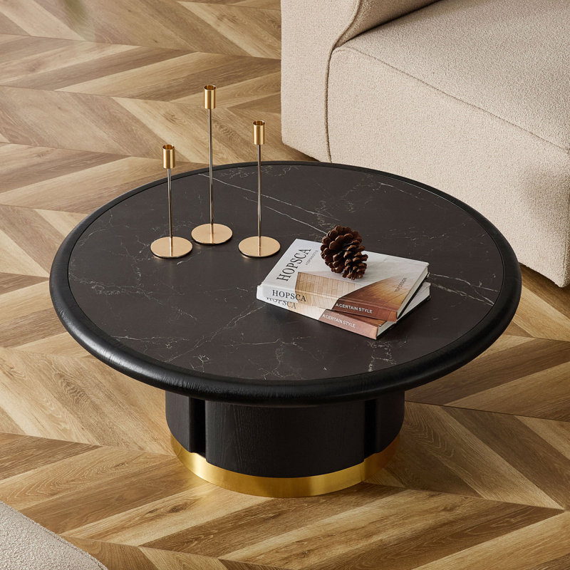 35.43 inch Round Coffee Table, Table with Sturdy MDF Pedestal with Brushed Stainless Steel,Sintered Stone Tabletop Table,Rounded Sofa Side Table for living Room,Office