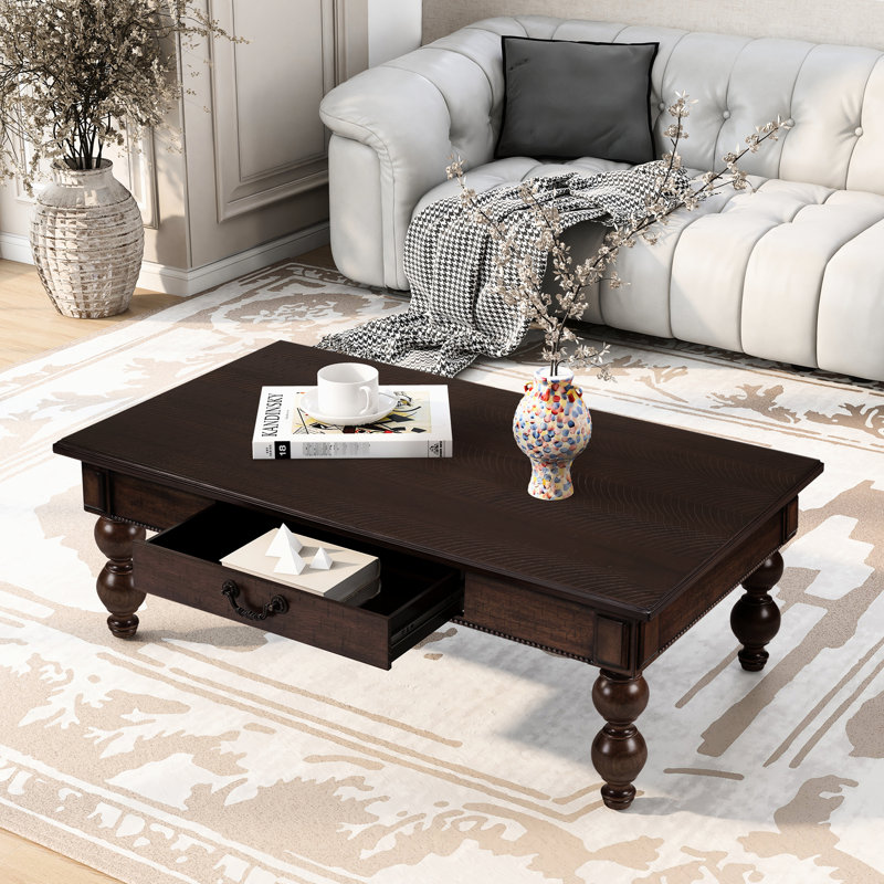 Table basse rectangulaire rétro avec tiroir de rangement, pieds en forme de gourde, imperméable et chauffant, plateau de table à assemblage rapide en 5 minutes, simple